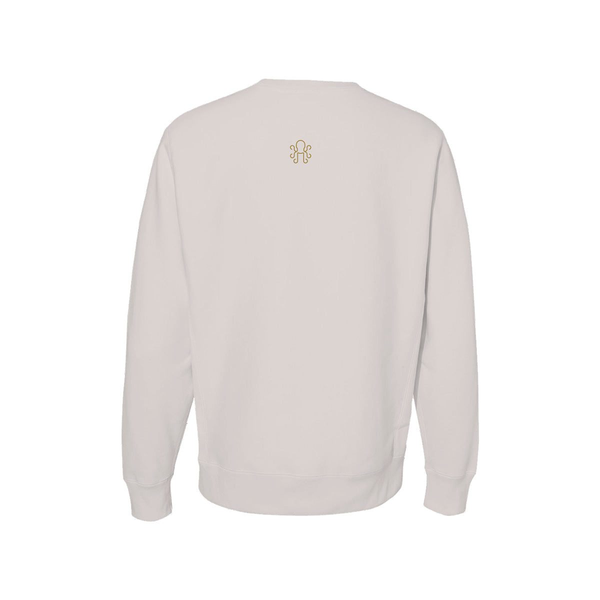 Small brass Kraken logo centered between shoulder blades on bone heavyweight crewneck