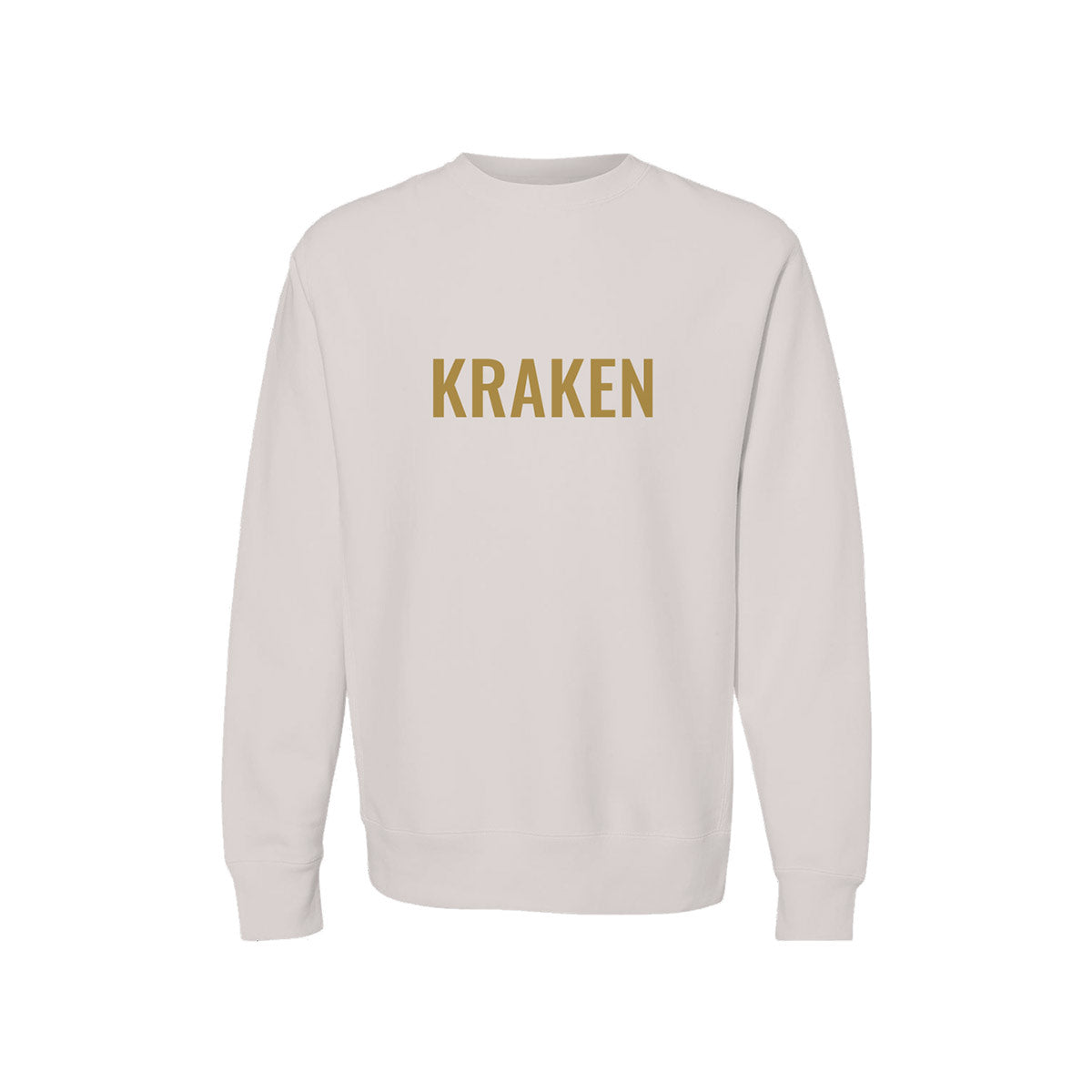 Brass KRAKEN wordmark printed across the chest of a bone-colored heavyweight crewneck sweatshirt