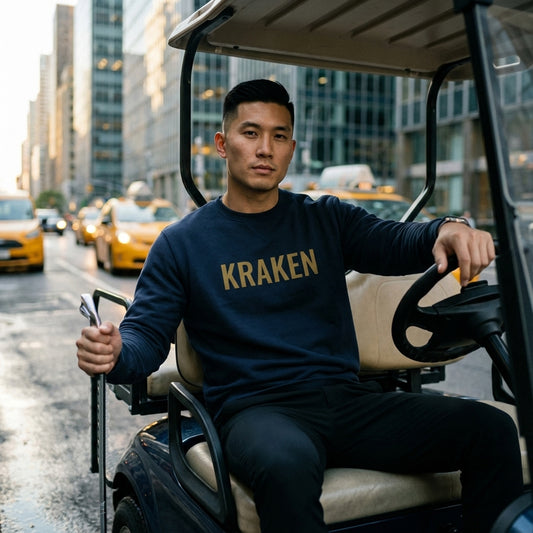 A male golfer sitting in a golf cart on a city street wearing a navy crew sweatshirt with 'KRAKEN' text.