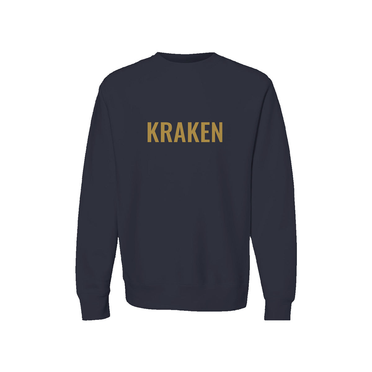 Brass KRAKEN wordmark printed across the chest of a navy heavyweight crewneck sweatshirt