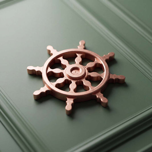 The Helm solid copper ship's wheel golf ball marker with eight spokes and raw machined finish