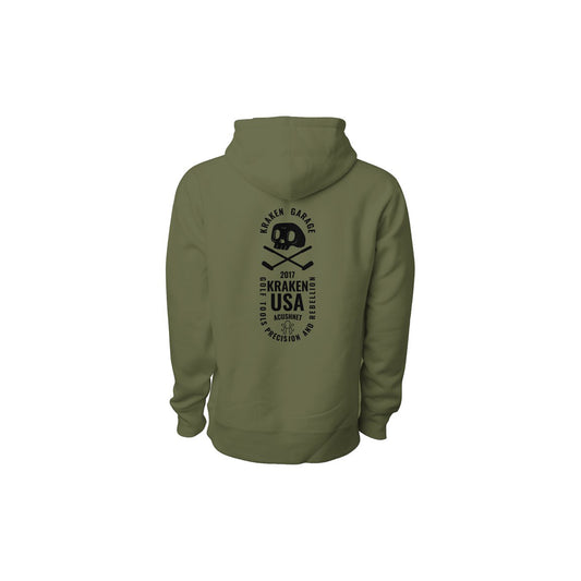 Olive Kraken Golf hoodie with skull and crossed golf clubs back graphic reading Kraken Garage USA Precision and Rebellion