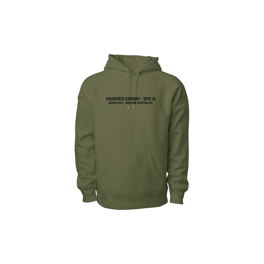 Olive Kraken Golf hoodie with front text reading Engineered Garment SPEC 18 Heirloom Athletics Division