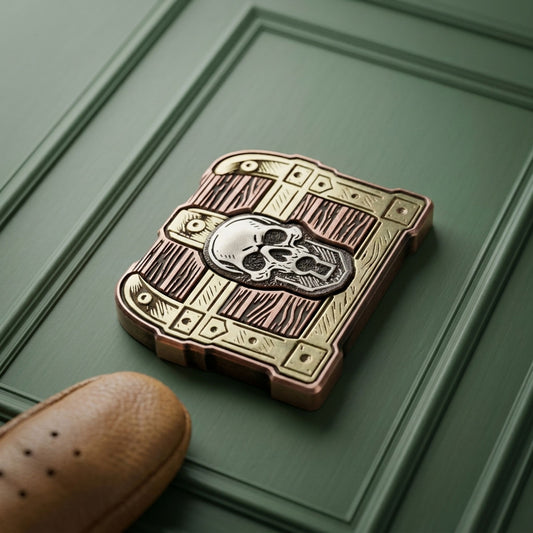 Copper and brass treasure chest golf ball marker with stainless steel skull inlay resting on green background