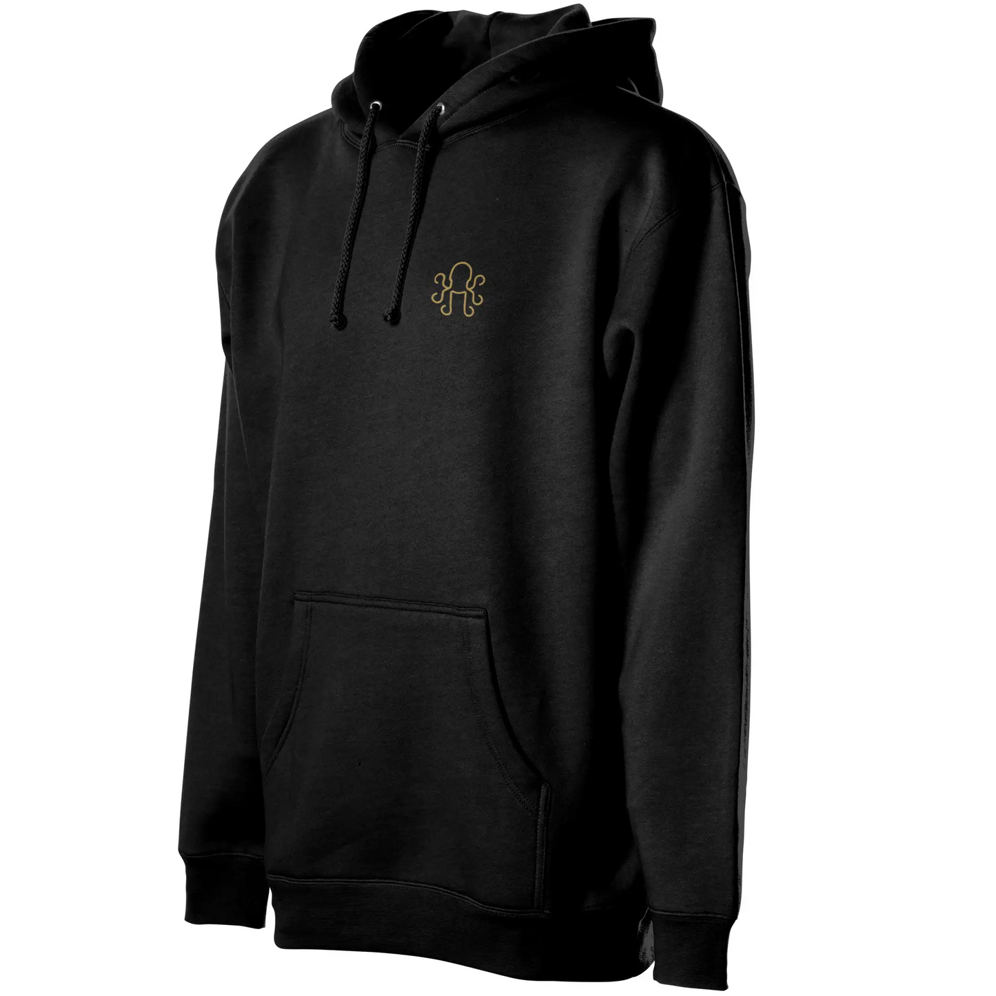 the brass Kraken emblem on the chest of a premium golf hoodie