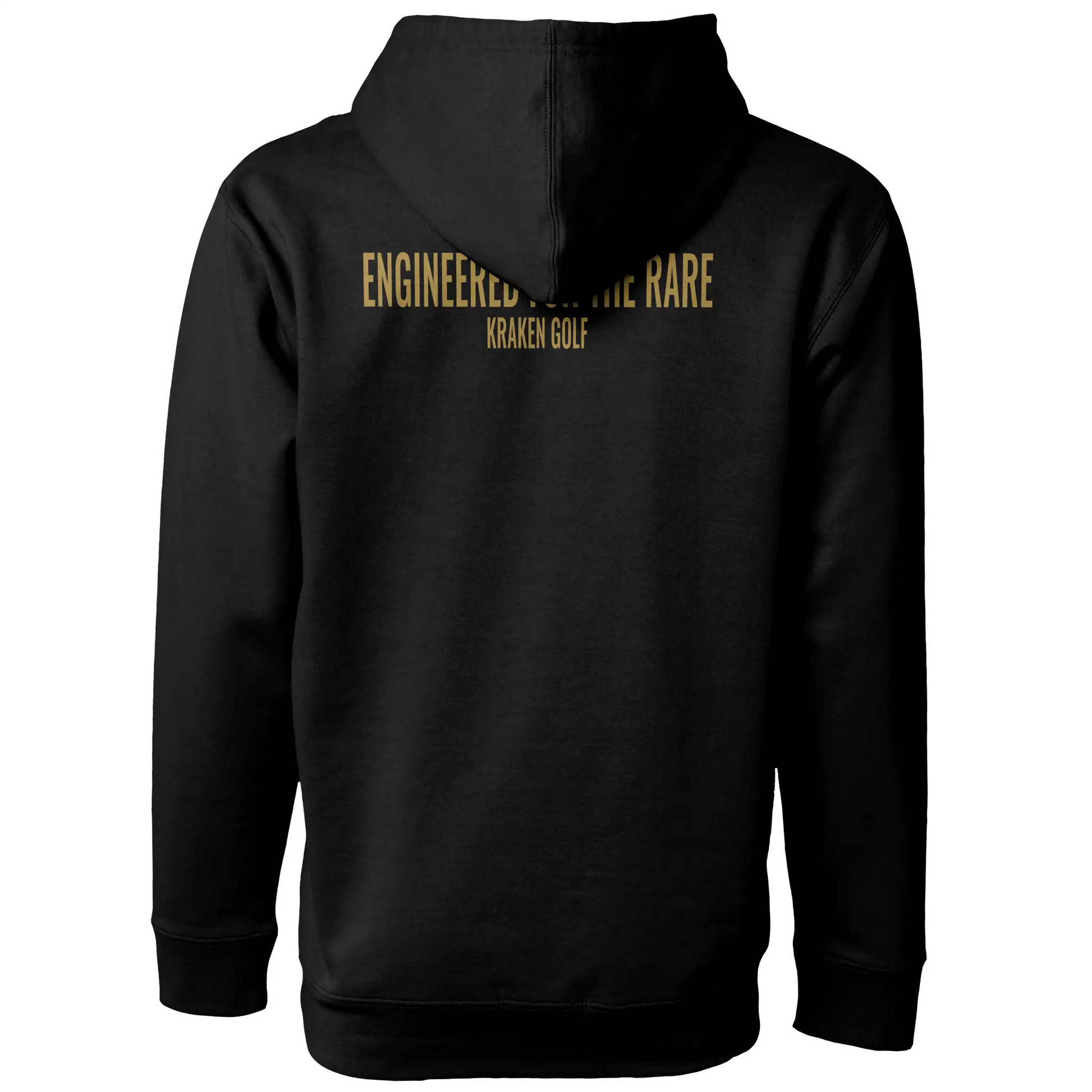 Back of Kraken golf hoodie reading "Engineered for the Rare. Kraken Golf."