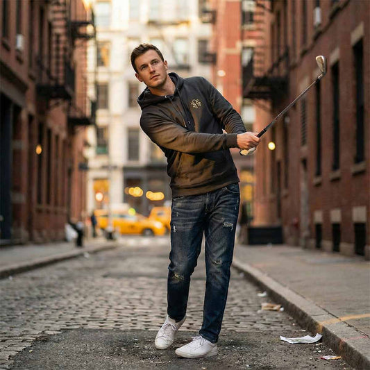 Golfer Craig wearing the Rare Hoodie swinging a golf club on a city street with brick buildings and a yellow taxi in the background.
