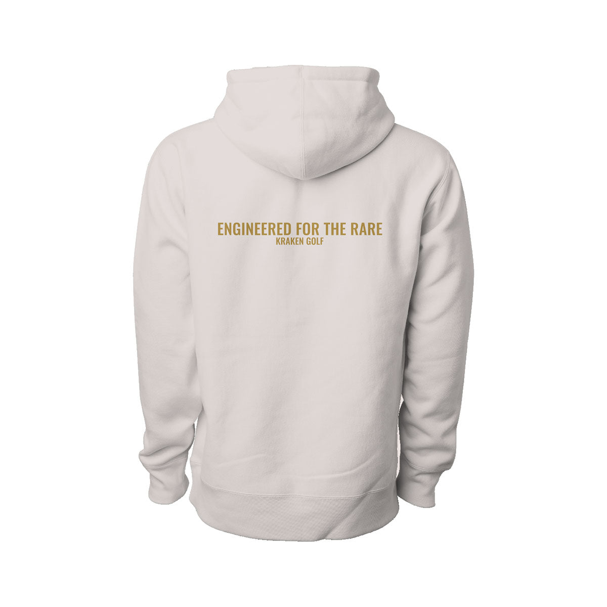 Engineered for the Rare Kraken Golf back graphic in brass lettering on bone hoodie