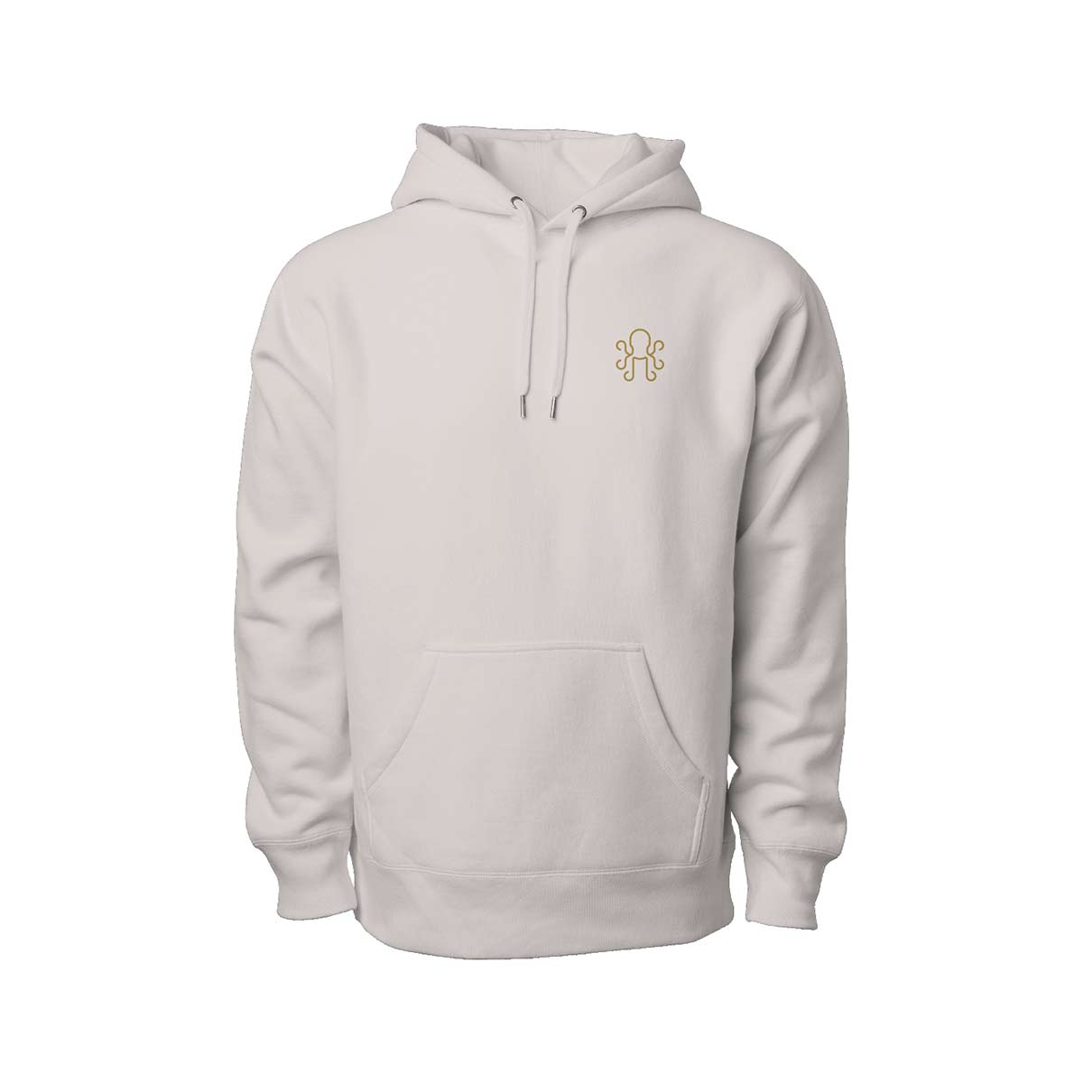 Brass Kraken logo printed on the chest of a bone-colored heavyweight hoodie