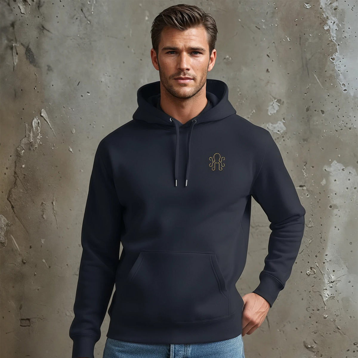 The Rare Hoodie in navy on a male model
