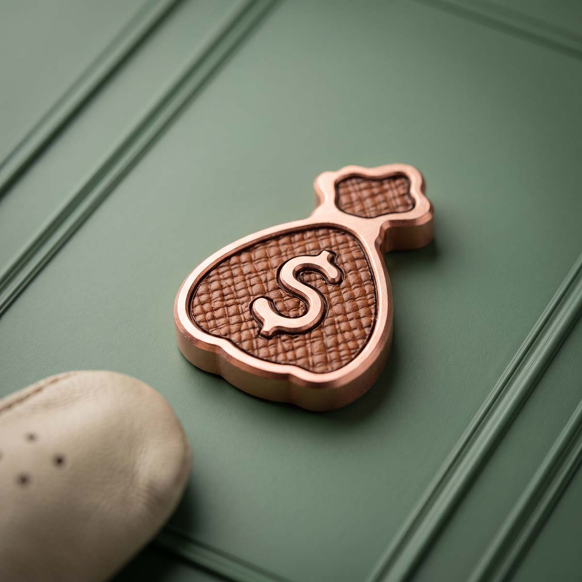 Copper golf ball marker in the shape of a money bag with Montbelle calfskin leather inlay, engraved DISRUPT TRADITION PLAY DIFFERENT — Kraken Golf