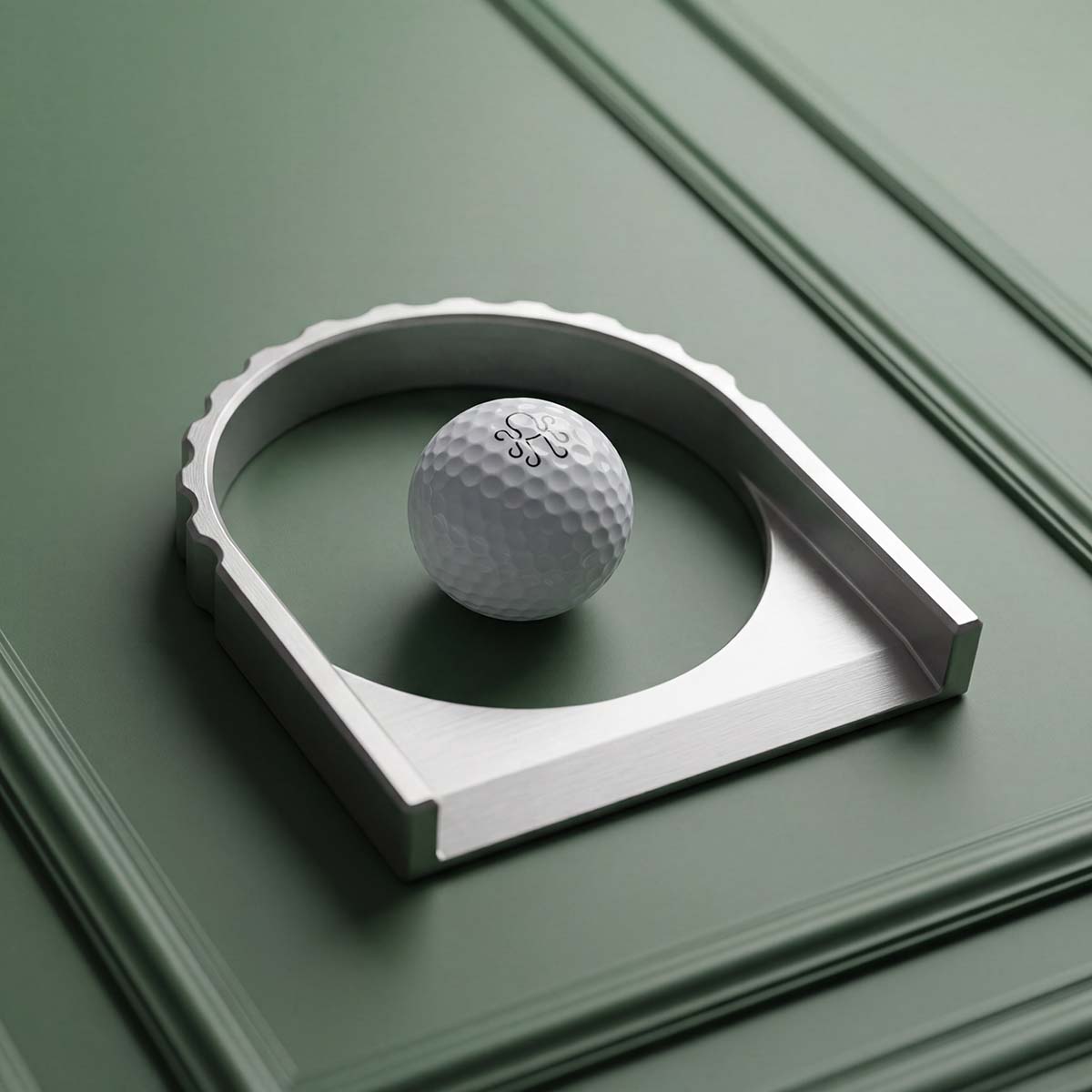 Side profile of The Vision putting trainer by Kraken Golf showing scalloped ribbed crown and glass-bead blasted stainless steel finish