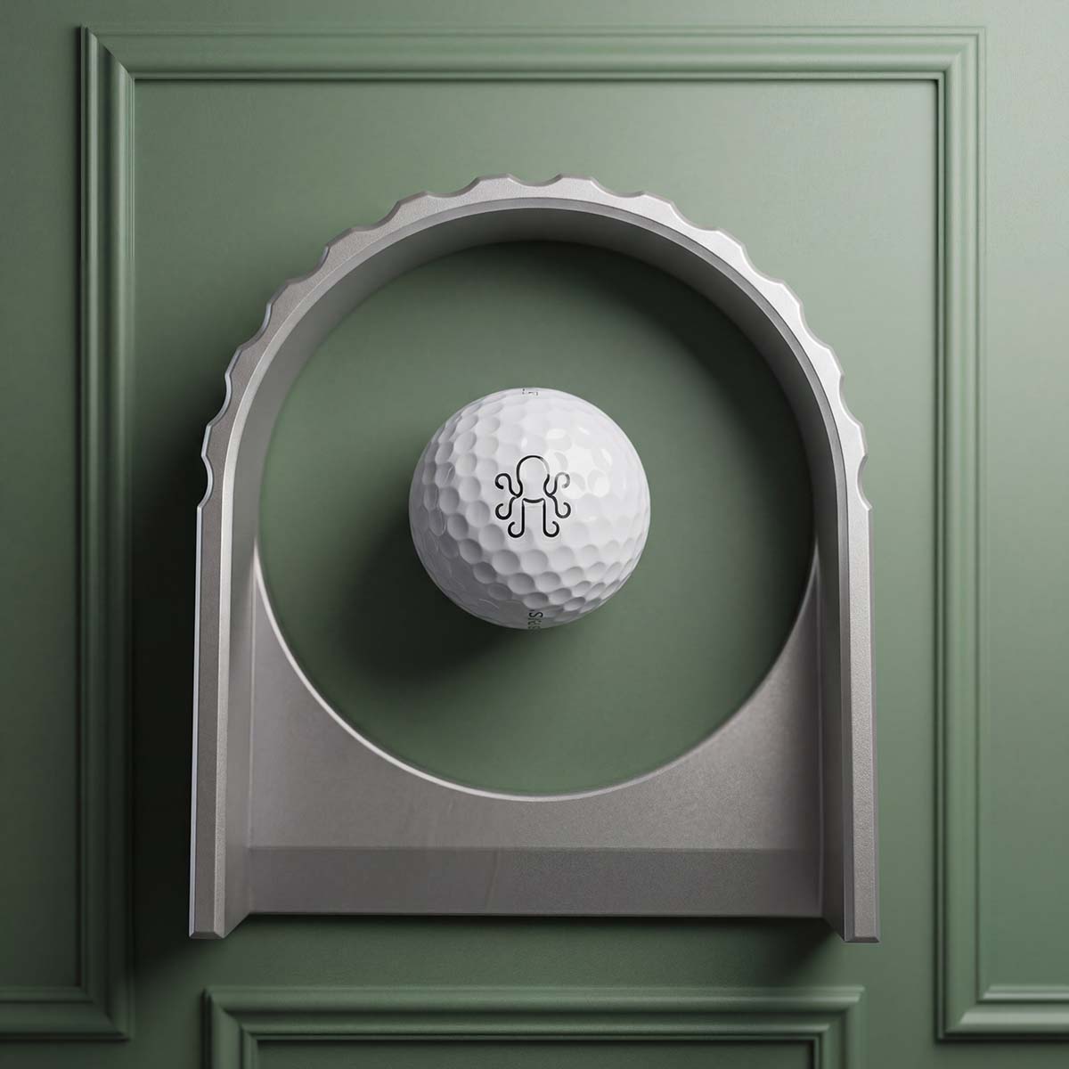 Overhead view of The Vision sculpted stainless steel putting portal with regulation golf hole width opening