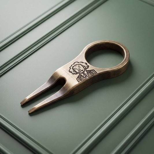 THEORY brass pitch tool by Kraken Golf with laser-engraved wild-haired portrait on aged bronze finish