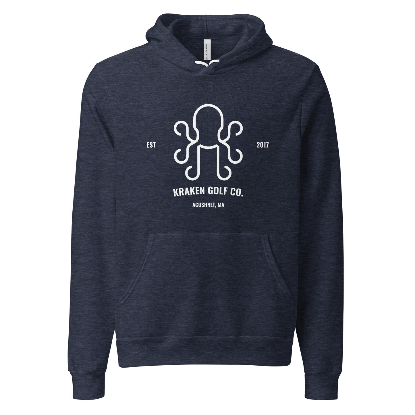 Front view of navy Kraken hoodie featuring "Est. 2017 - Acushnet, MA" design