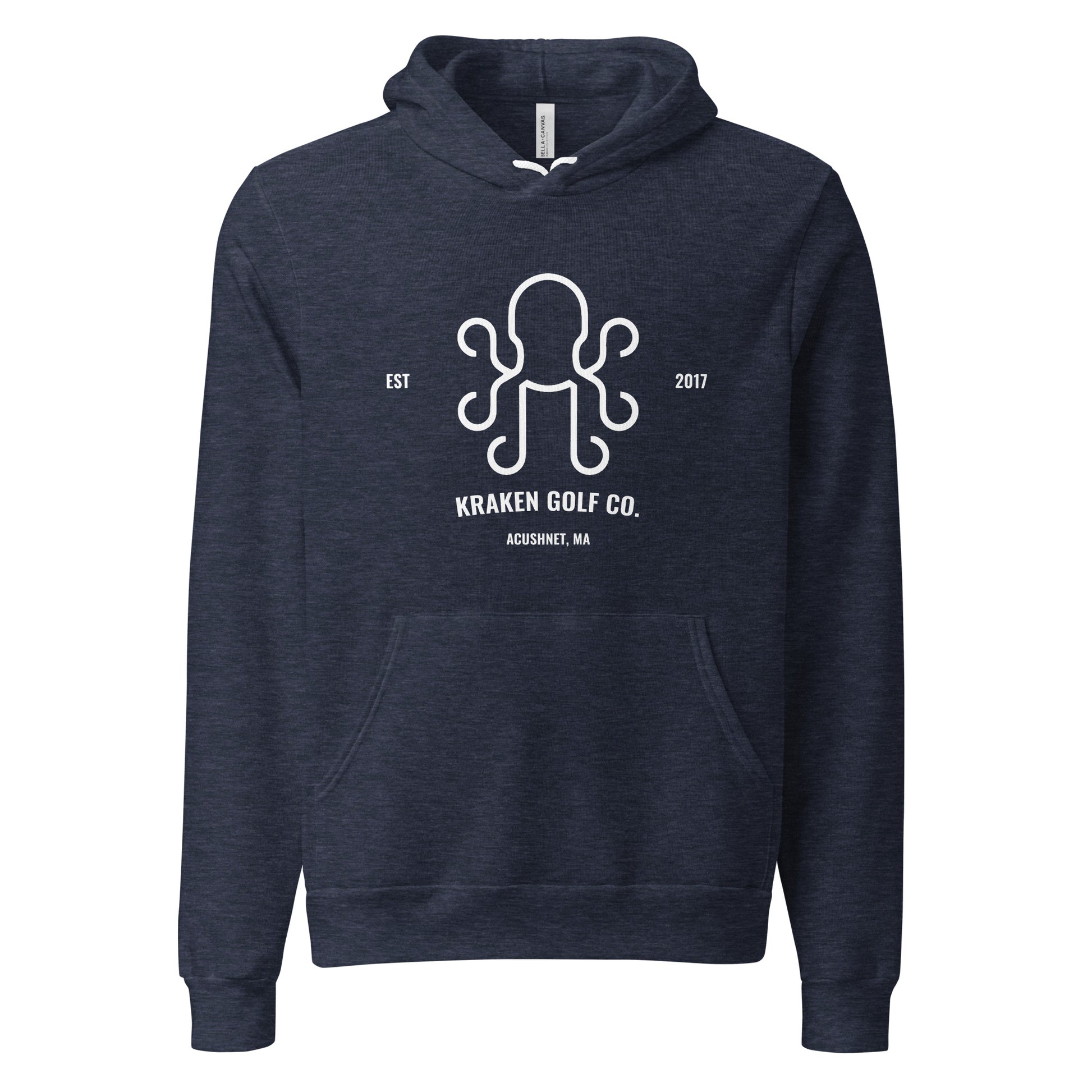 Front view of navy Kraken hoodie featuring "Est. 2017 - Acushnet, MA" design