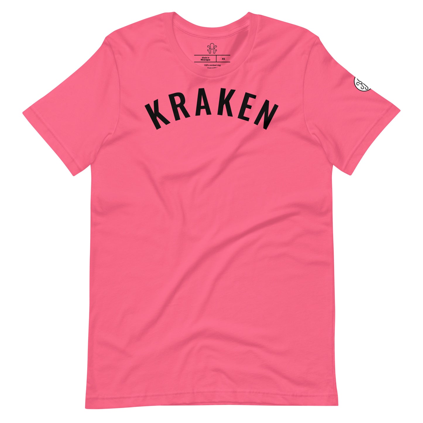 Hot pink Kraken Golf t-shirt with bold black "KRAKEN" lettering across the chest and a small Kraken logo on the left sleeve, set against a circular white background.