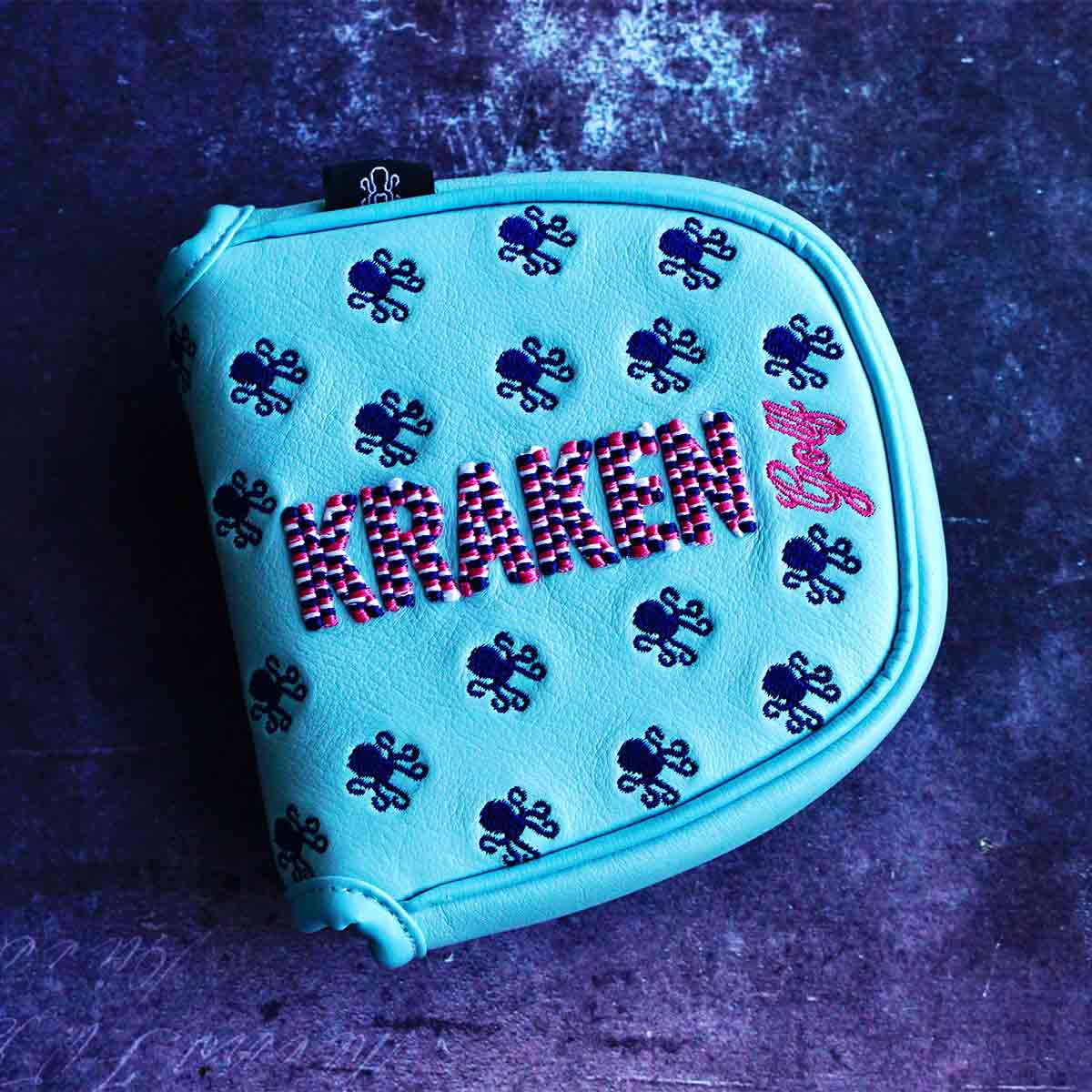 Vice Baby mallet putter cover by Kraken Golf in baby blue leather with pixel embroidery