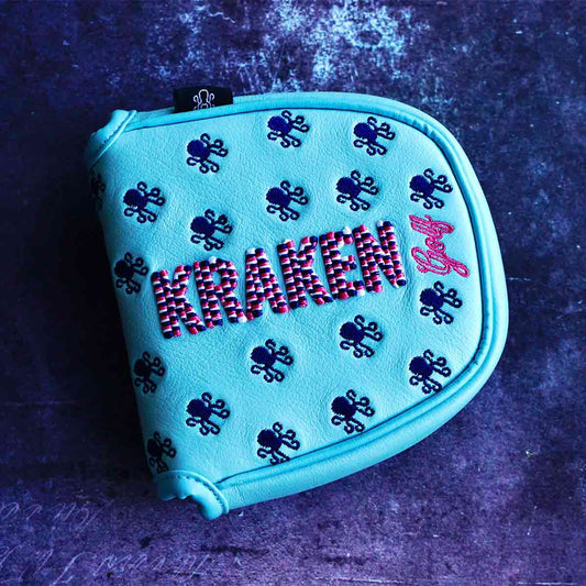 Vice Baby mallet putter cover by Kraken Golf in baby blue leather with pixel embroidery